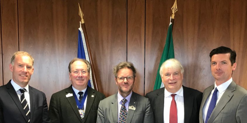 Left to right, Pete Townsend (Norio), Michael Mainelli (Master), Patrick Young (Liveryman), Ken O'Brien (Fintel), Justin Sullivan (IDA)